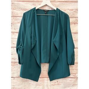 TORRID Dark Teal Green Georgette Draped Open Front Cardigan Blazer Size 2